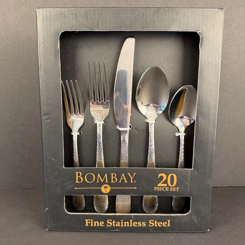 Bombay Renaissance 20 Piece Fine Stainless Steel Hammered Look Flatware, NEW
